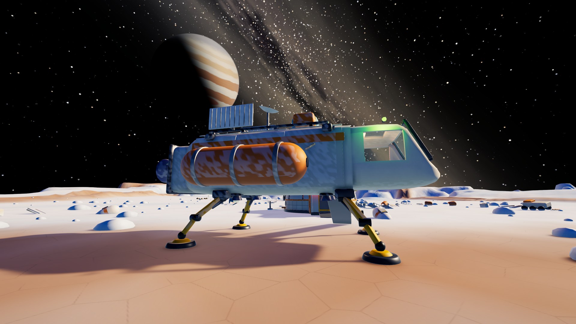 Spaceglunk — a lit dome on black ice under Jupiter