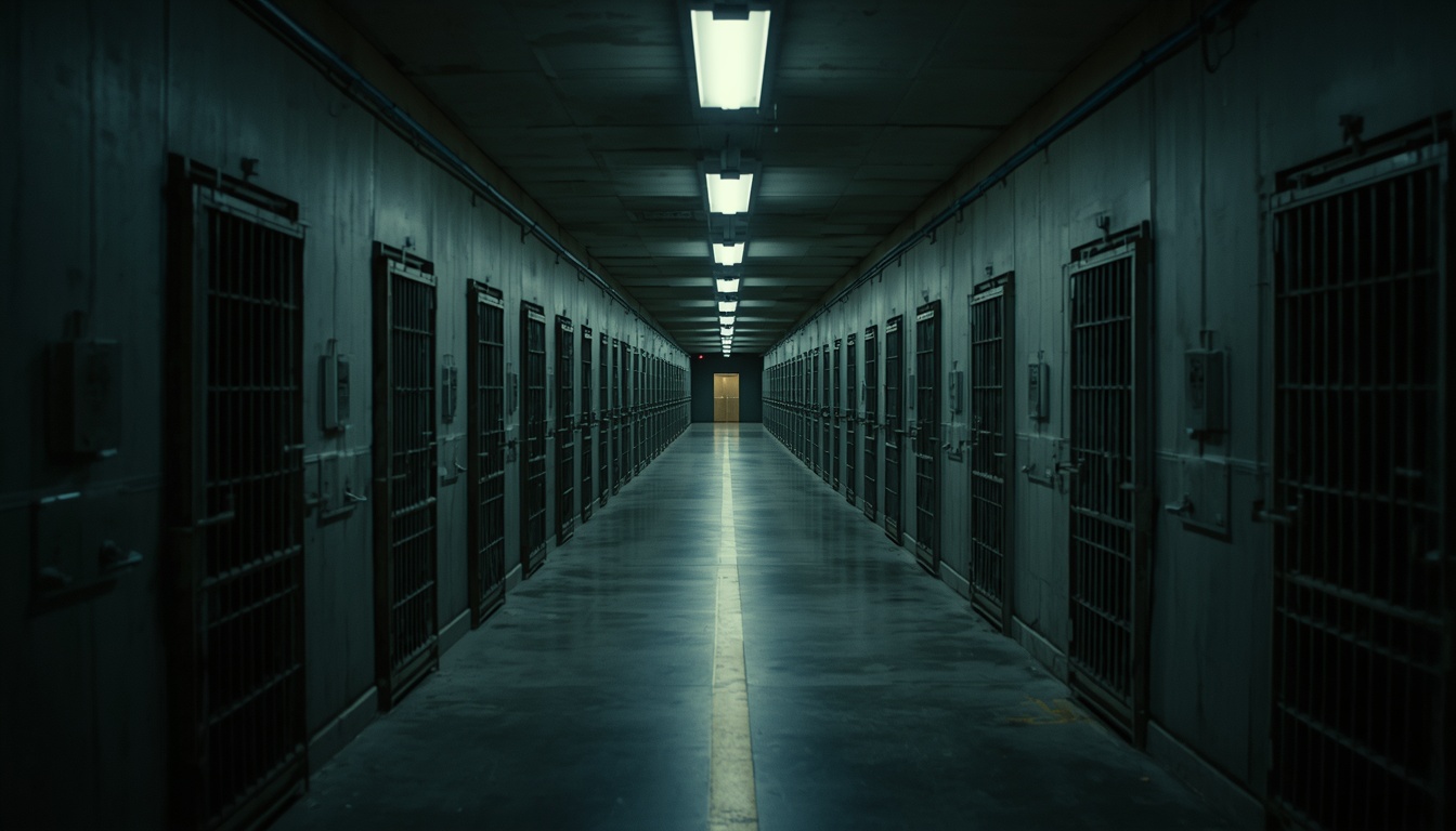 A tier of barred cell doors, one ajar