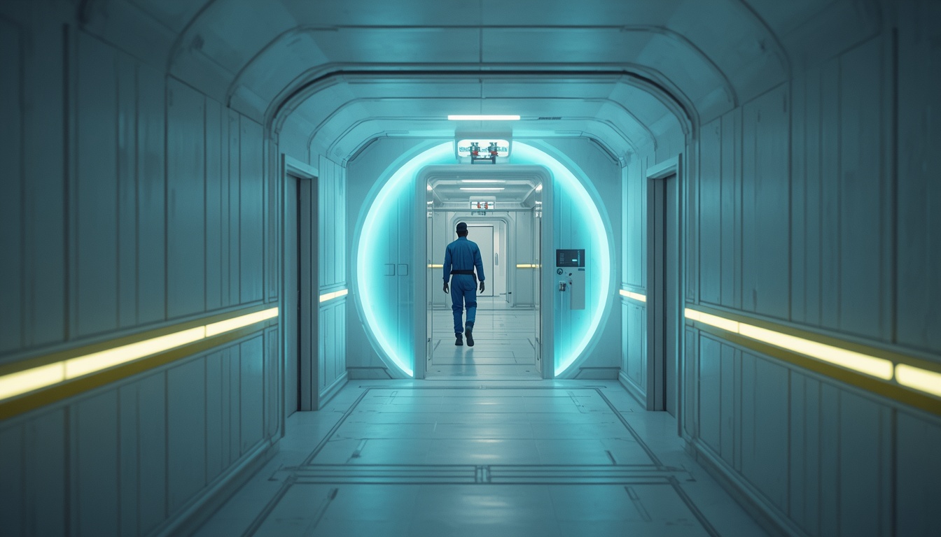 A station corridor with a hazard band and an energy field across the doorway