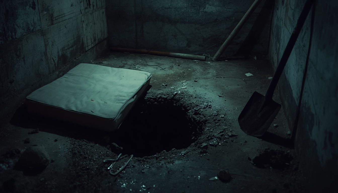 A cell floor with the mattress pushed aside and a hole dug through the concrete