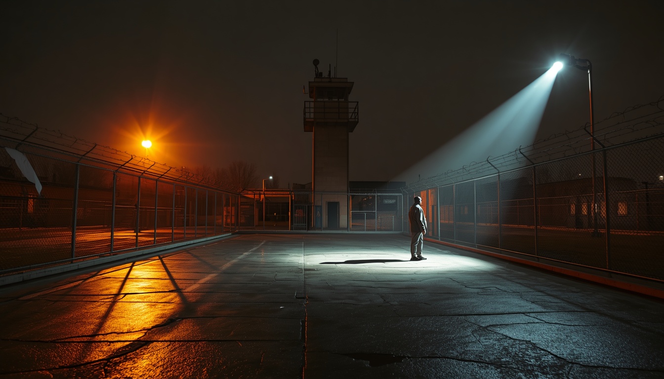 Prison Break: a night exercise yard, searchlight across wet concrete, a lone figure at its edge